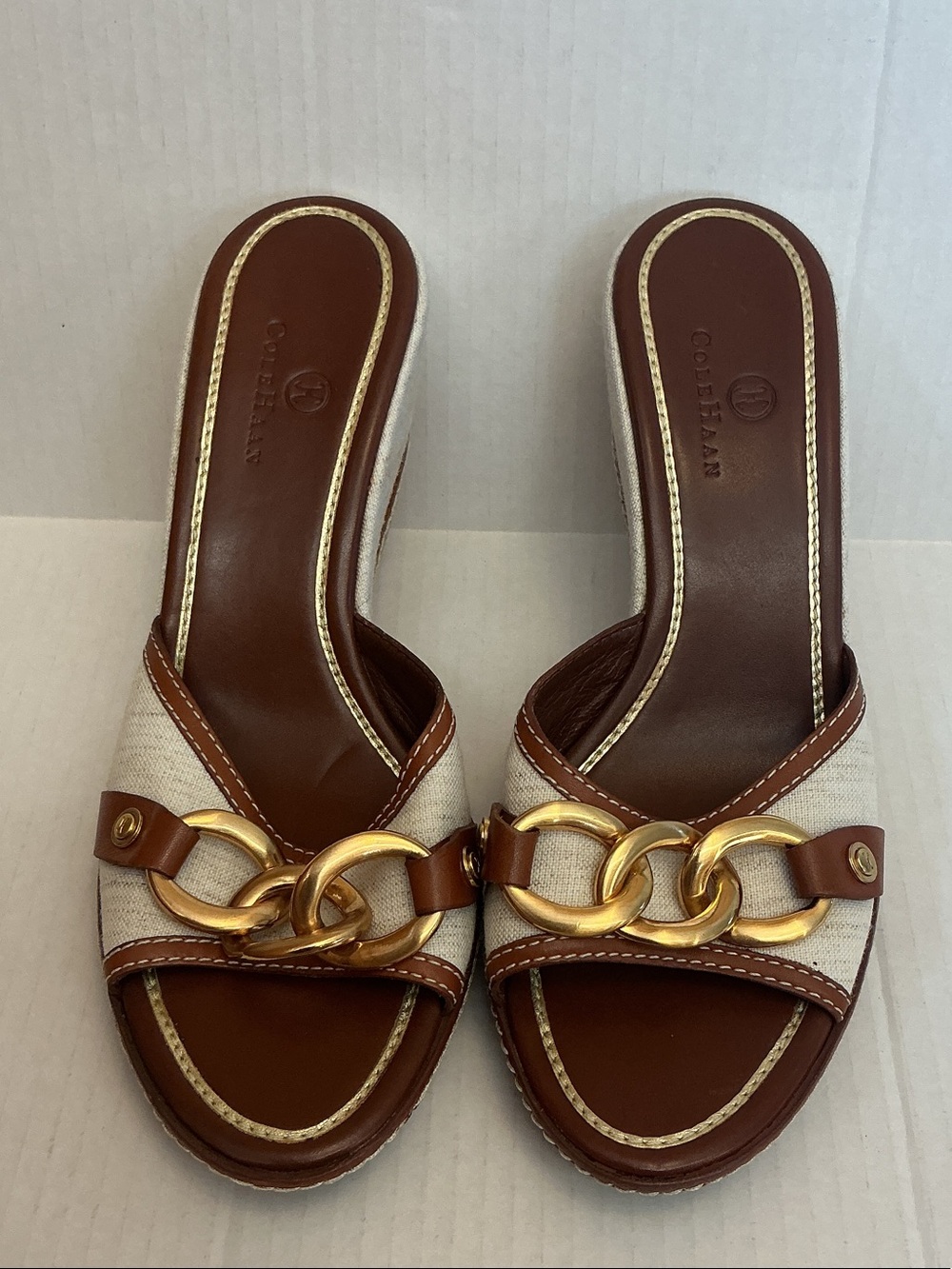 Cole Haan Brown and Cream Leather-Trim Slide Mules with Gold Chain Size 9.5B